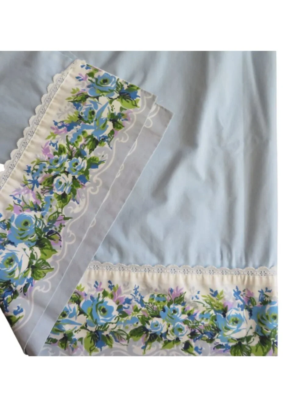 Vintage Cannon Blue Floral Lace Border King Flat Sheet Percale Cottagecore USA
